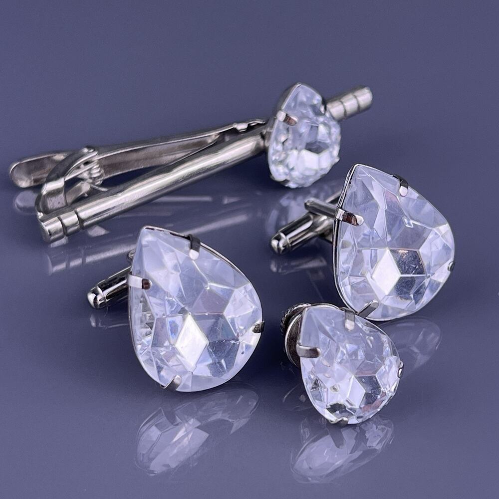 Large White Acrylic Teardrop Cufflinks Tie Clip Pin Set Silver Tone Vintage